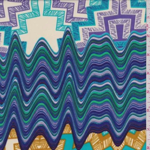 1 YD PC-Ecru/Turquoise/Purple Abstract Crepe de Chine Fabric