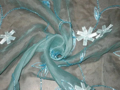 100 % SILK ORGANZA EMBROIDERED FABRIC BLUE COLOUR  44" wide [261]