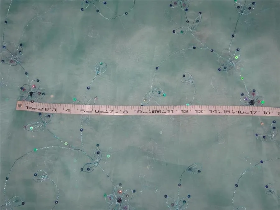 100 % silk organza fabric sky blue colour embroidered 54" wide [8262]