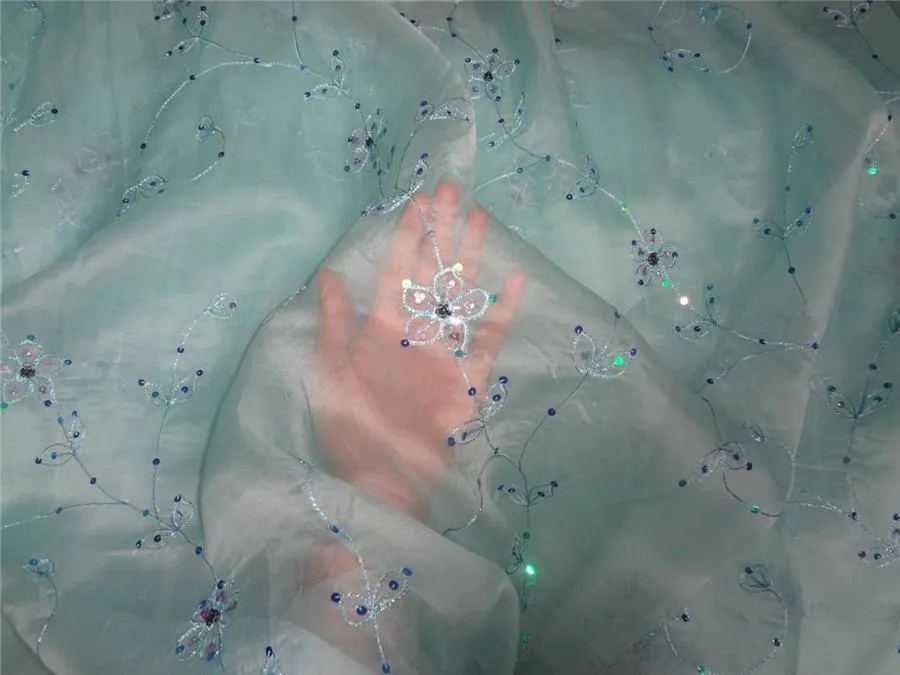 100 % silk organza fabric sky blue colour embroidered 54" wide [8262]