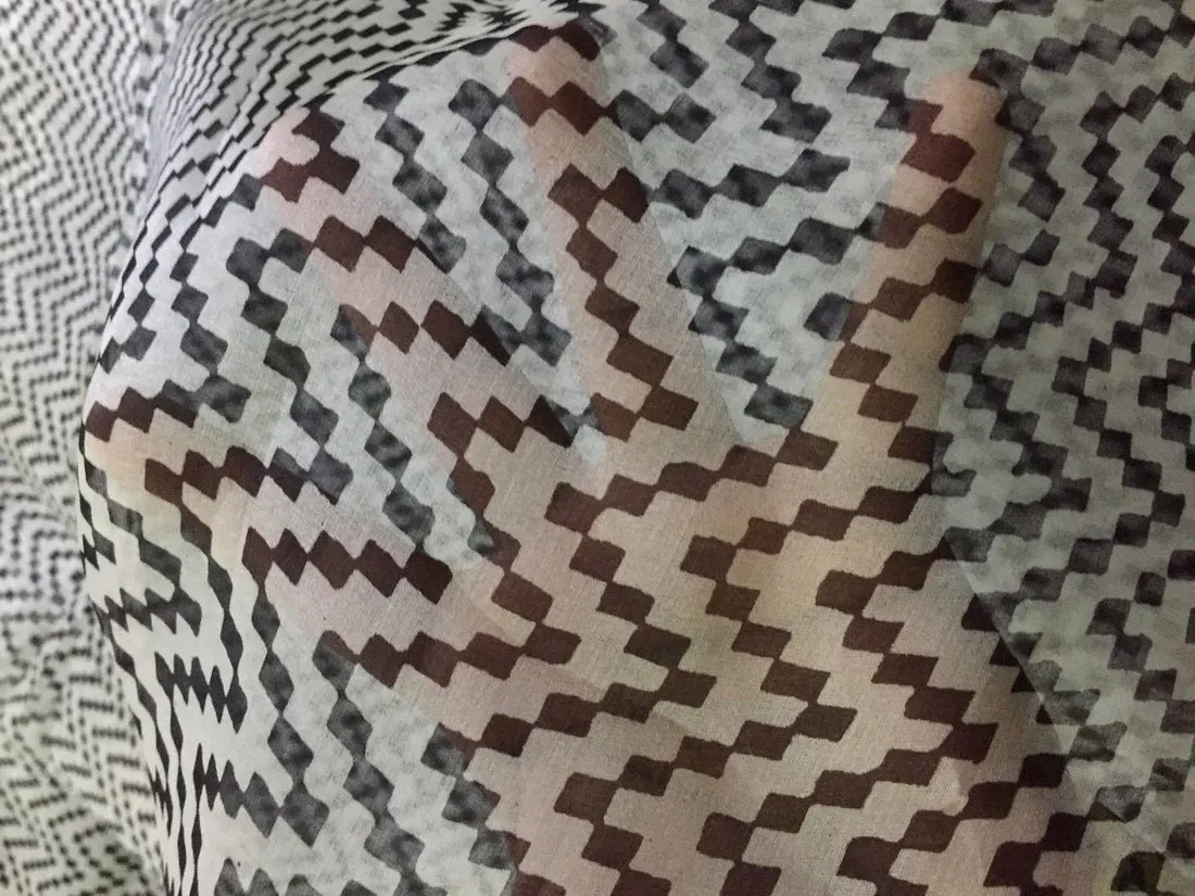 100% silk organza printed zig zag lines ivory and black fabric 44&quot; wide