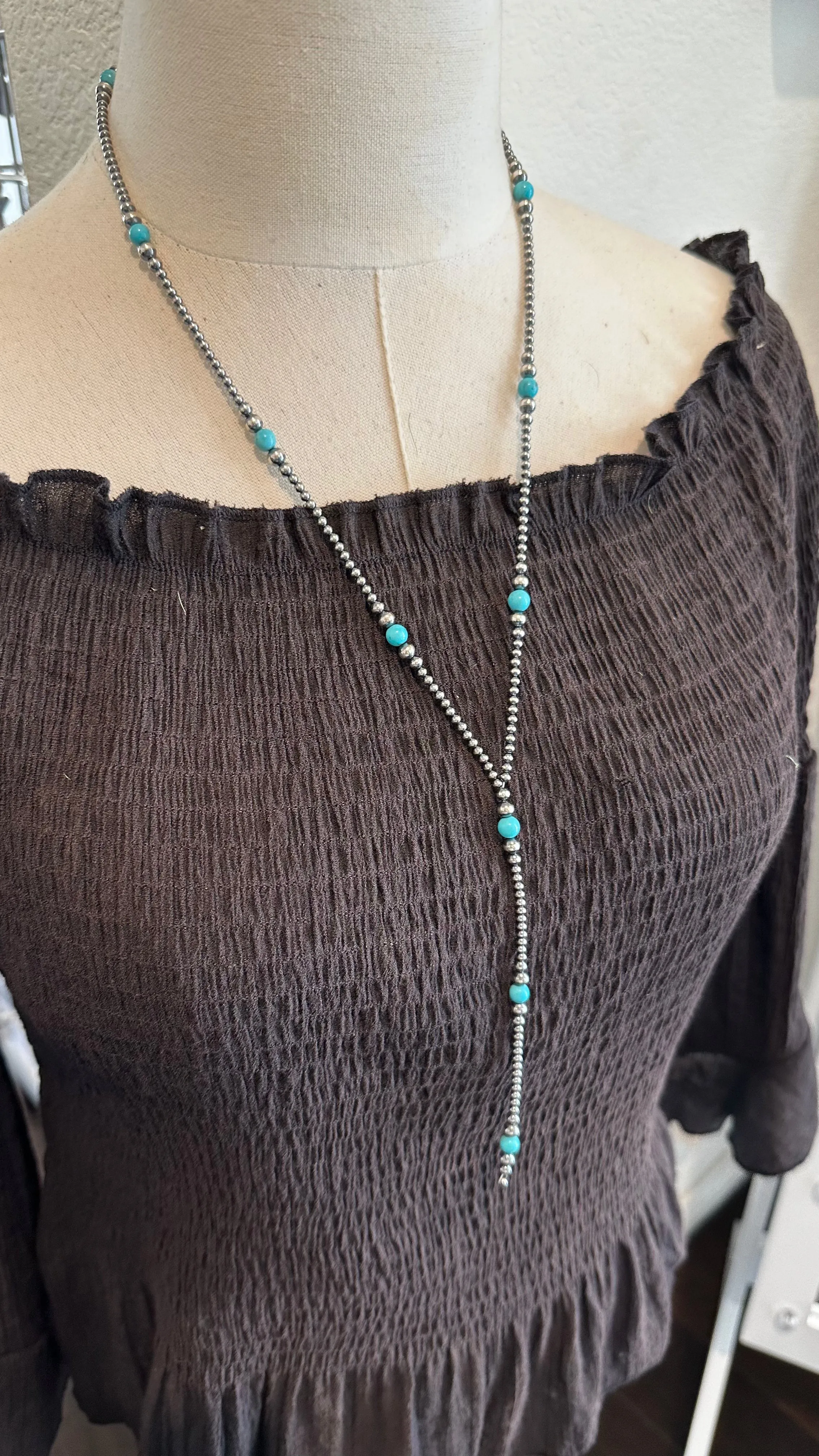 24" "NAVAJO STYLE" STERLING PEARL AND TURQUOISE "MUST HAVE" NECKLACE