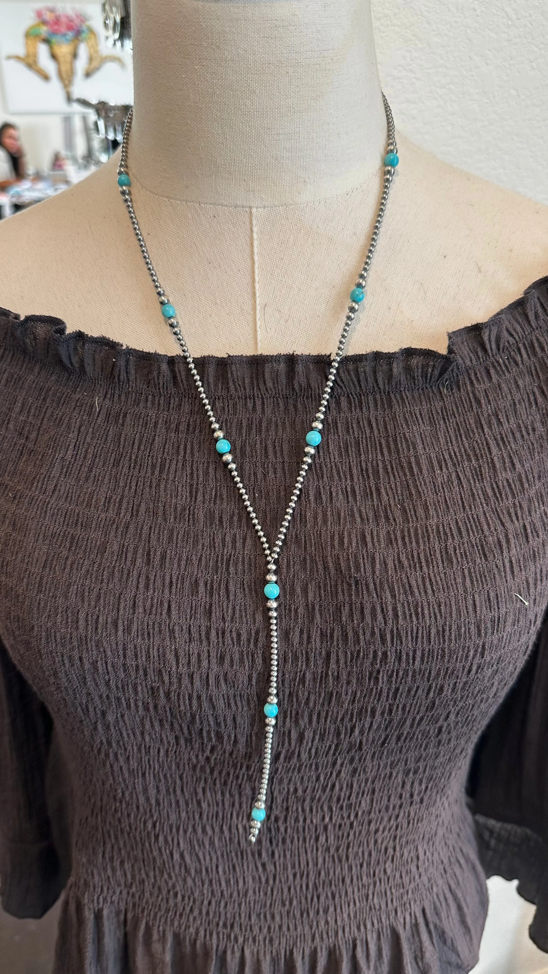 24" "NAVAJO STYLE" STERLING PEARL AND TURQUOISE "MUST HAVE" NECKLACE