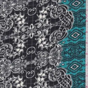 3 YD PC-Black/Teal/White Baroque Ripstop Crepe De Chine Fabric