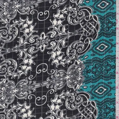 3 YD PC-Black/Teal/White Baroque Ripstop Crepe De Chine Fabric