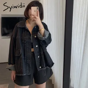 Back to College Joskaa Denim Jacket Women Oversized Jeans Coats and Jackets 2024 Spring Fall Tassel Big Pockets Fashion Clothes Blue Black