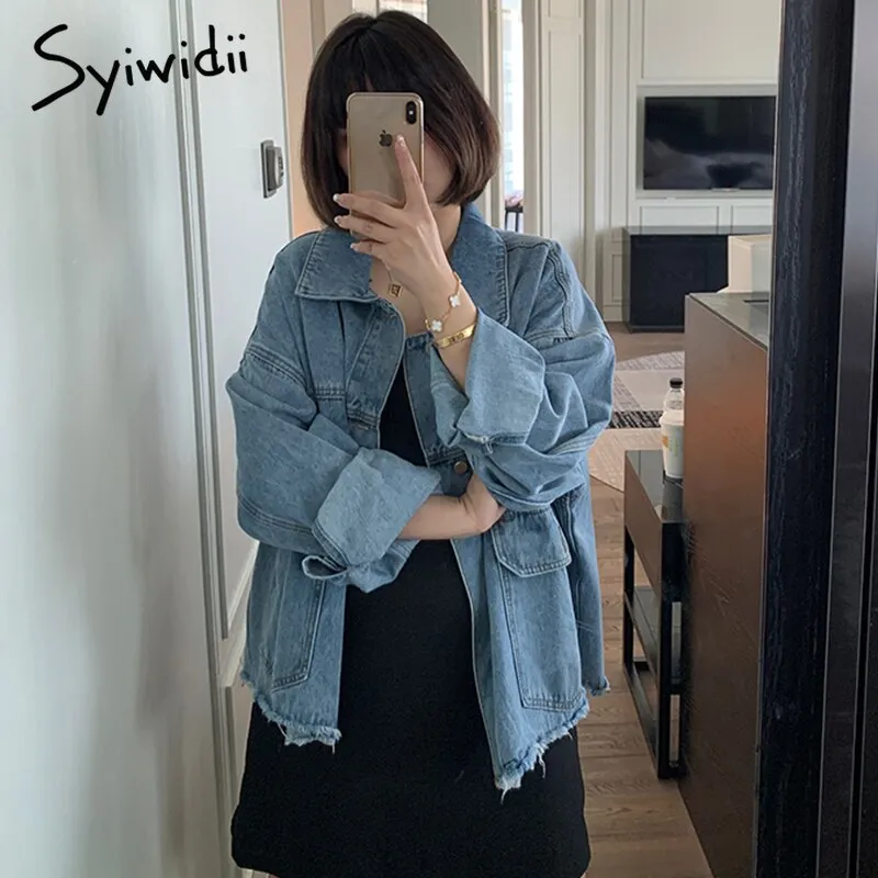 Back to College Joskaa Denim Jacket Women Oversized Jeans Coats and Jackets 2024 Spring Fall Tassel Big Pockets Fashion Clothes Blue Black
