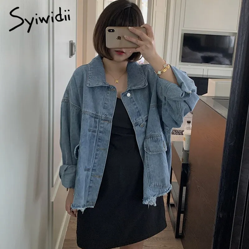 Back to College Joskaa Denim Jacket Women Oversized Jeans Coats and Jackets 2024 Spring Fall Tassel Big Pockets Fashion Clothes Blue Black