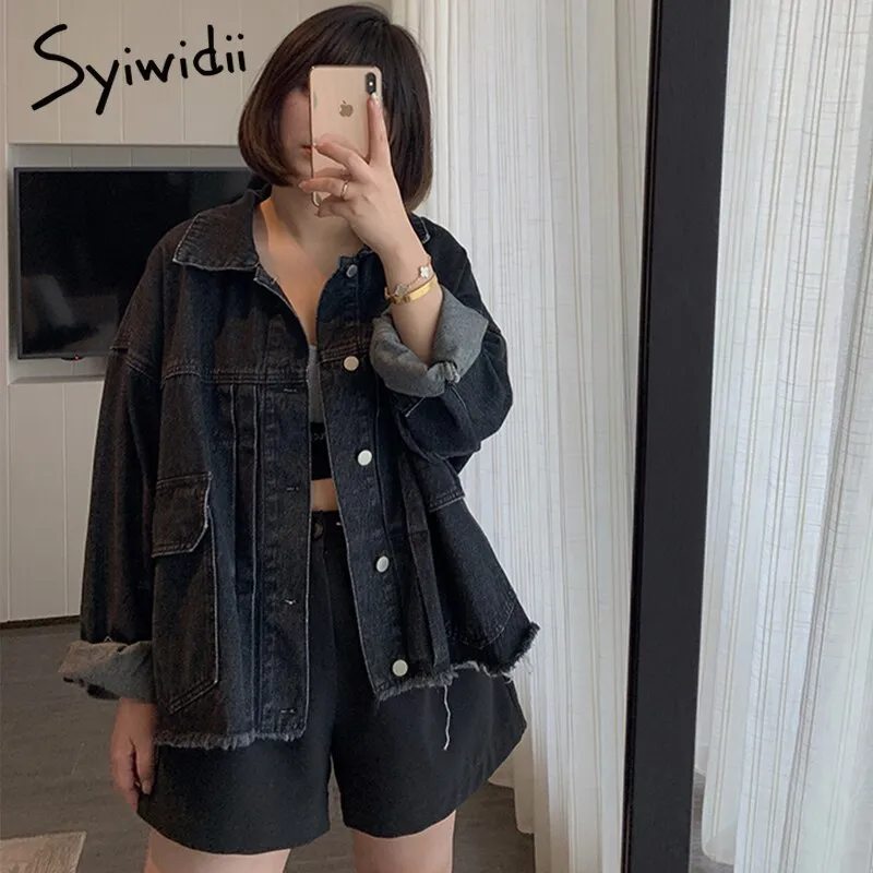 Back to College Joskaa Denim Jacket Women Oversized Jeans Coats and Jackets 2024 Spring Fall Tassel Big Pockets Fashion Clothes Blue Black