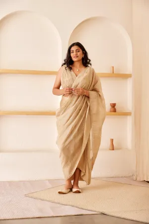 Beige chanderi silk embroidered pre-draped saree