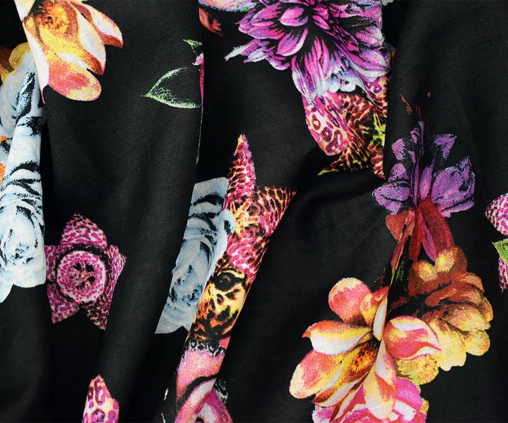Black-Magenta-Multi Faces and Floral Printed Linen Woven Fabric