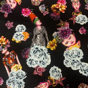 Black-Magenta-Multi Faces and Floral Printed Linen Woven Fabric