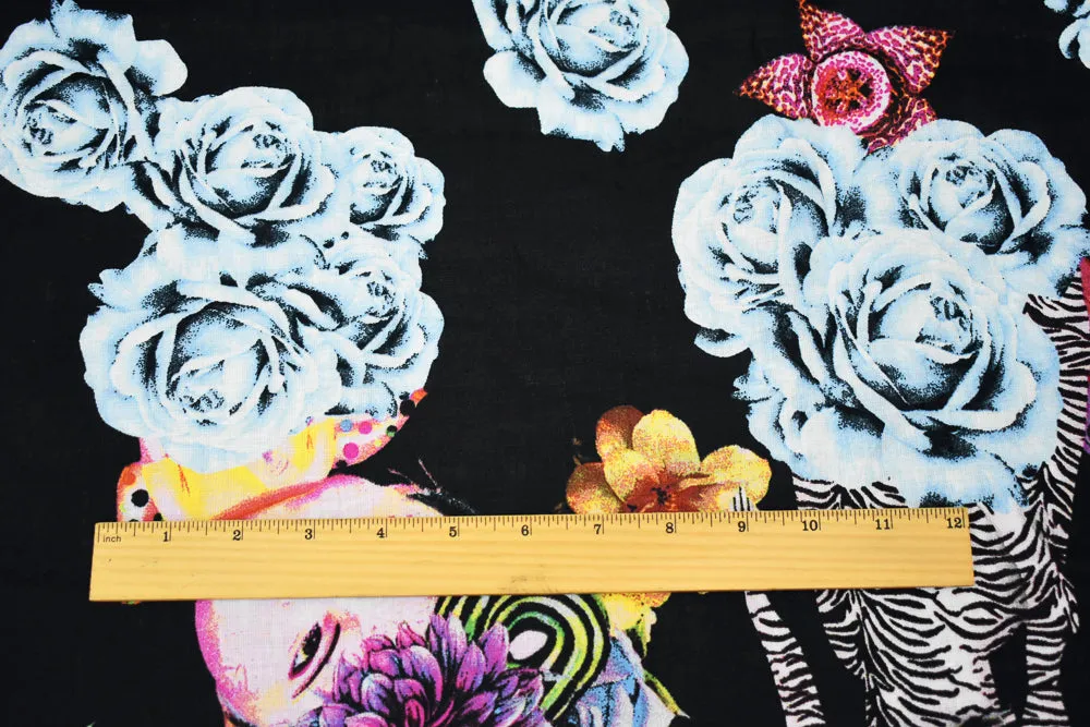 Black-Magenta-Multi Faces and Floral Printed Linen Woven Fabric