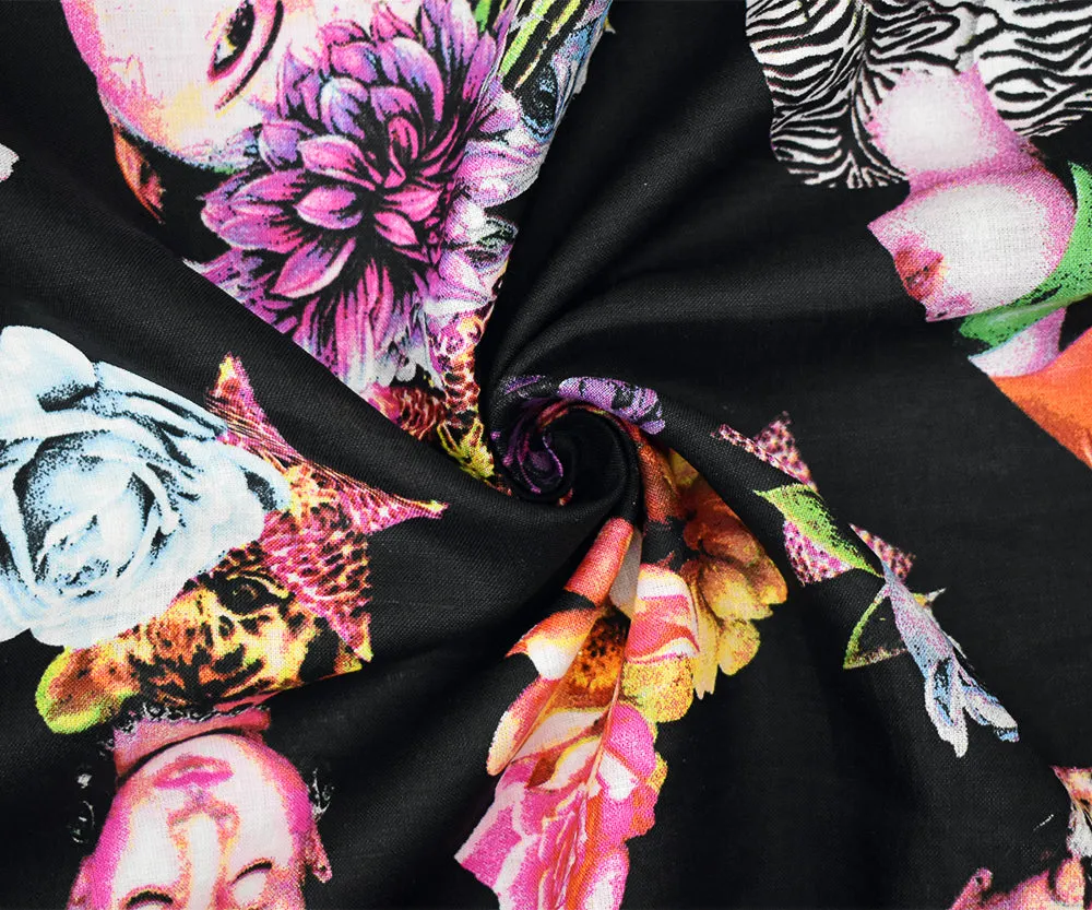 Black-Magenta-Multi Faces and Floral Printed Linen Woven Fabric