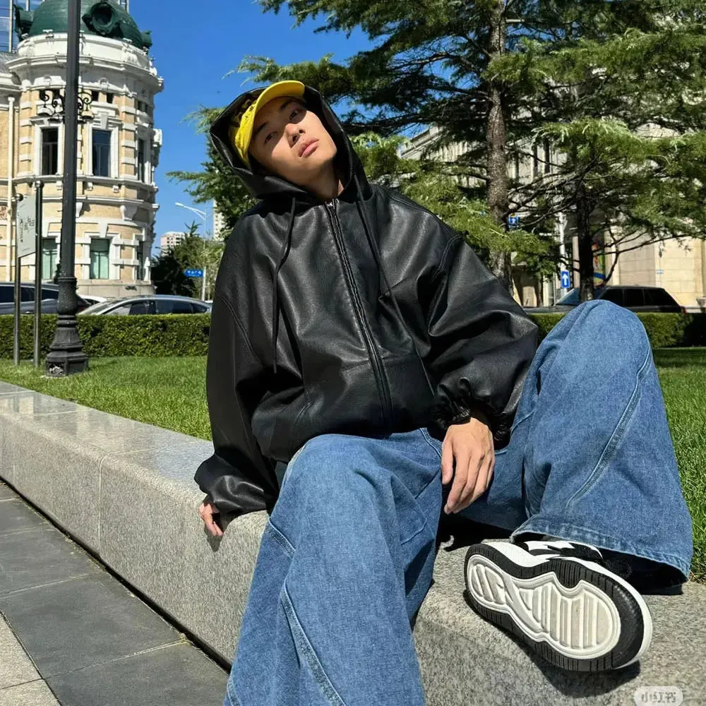 Black Oversized Windbreaker Leather Hooded Jacket