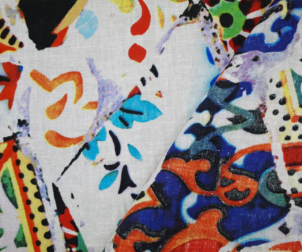 Blue-Orange-Multi Abstract Collage Pattern Printed Linen Woven Fabric