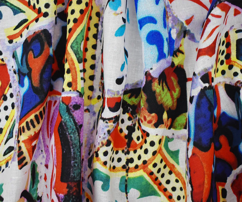 Blue-Orange-Multi Abstract Collage Pattern Printed Linen Woven Fabric