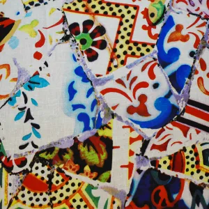 Blue-Orange-Multi Abstract Collage Pattern Printed Linen Woven Fabric