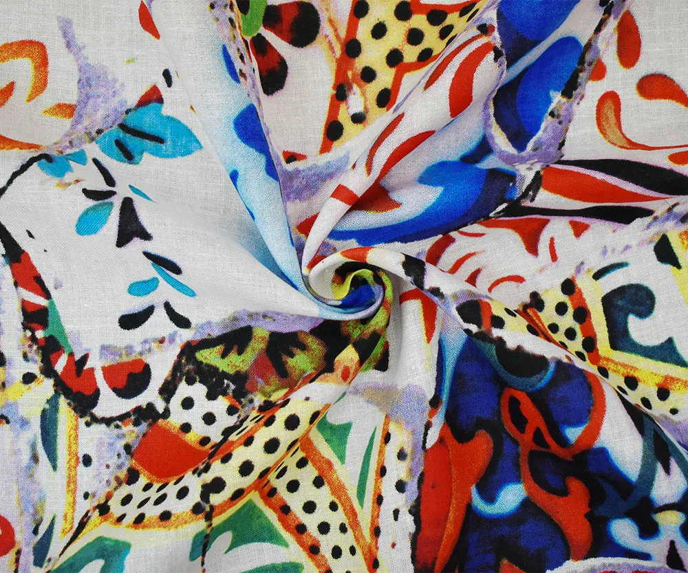 Blue-Orange-Multi Abstract Collage Pattern Printed Linen Woven Fabric