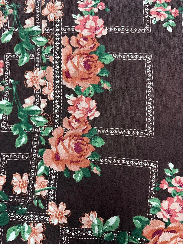 Brown Multi Trellis Poly Print High Crepe Fabric