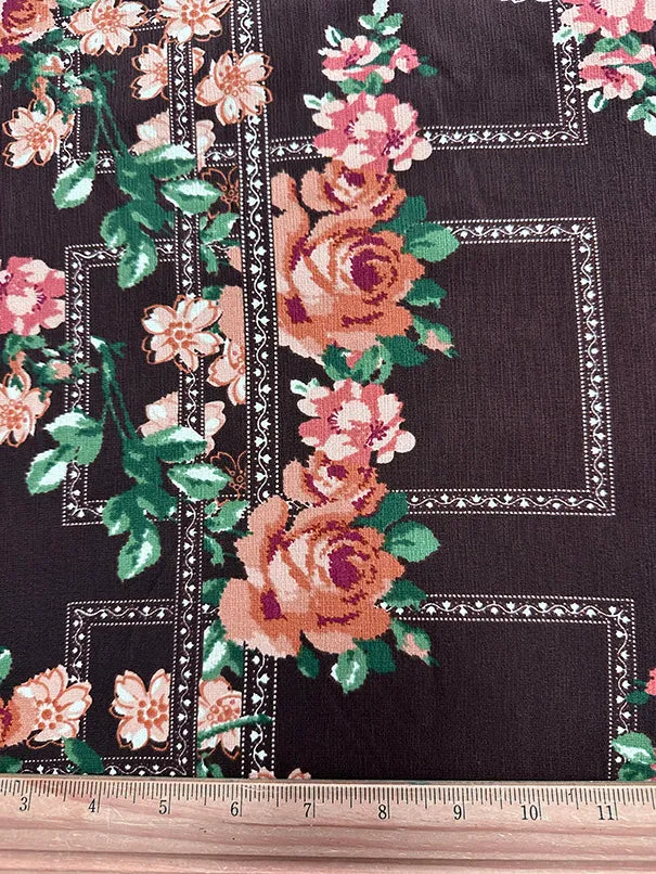 Brown Multi Trellis Poly Print High Crepe Fabric