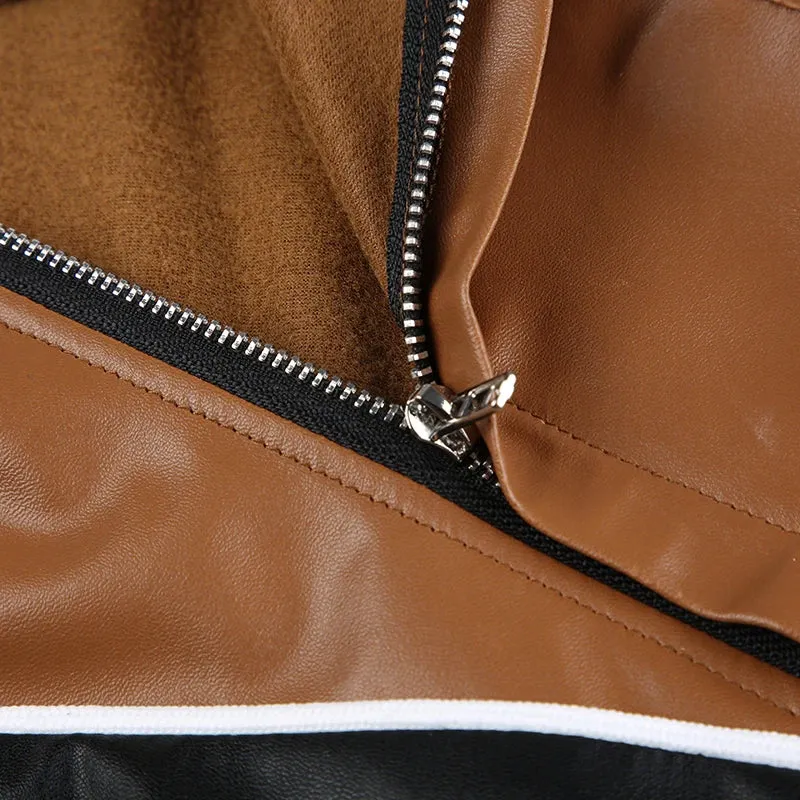 Brown Zipper Stripe Patchwork Leather Jacket