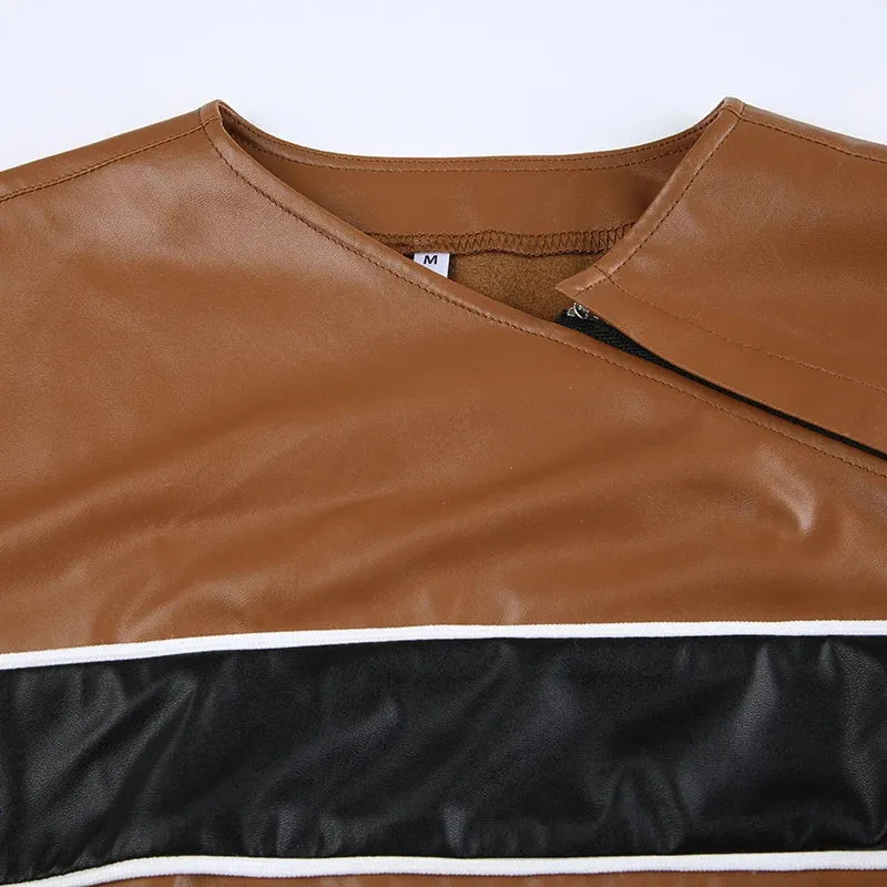 Brown Zipper Stripe Patchwork Leather Jacket