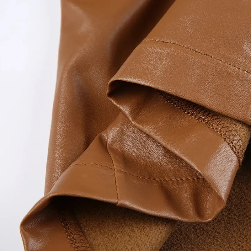 Brown Zipper Stripe Patchwork Leather Jacket