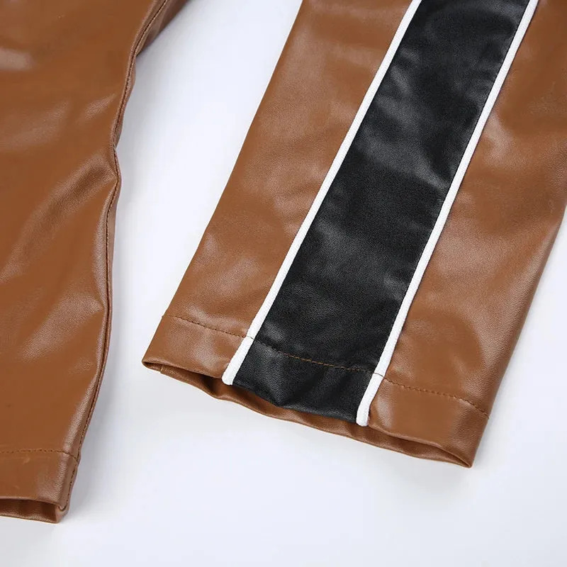 Brown Zipper Stripe Patchwork Leather Jacket