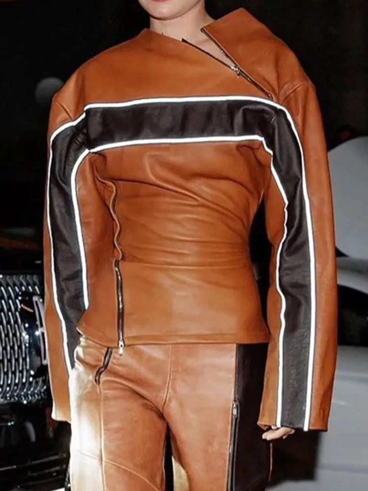 Brown Zipper Stripe Patchwork Leather Jacket