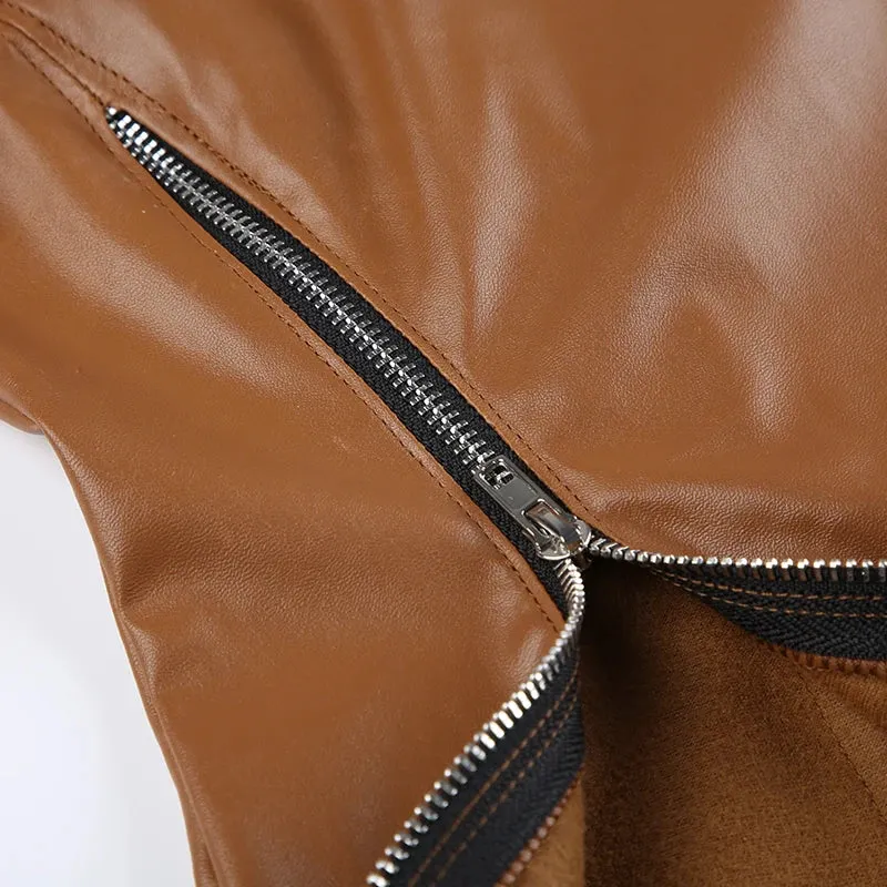 Brown Zipper Stripe Patchwork Leather Jacket