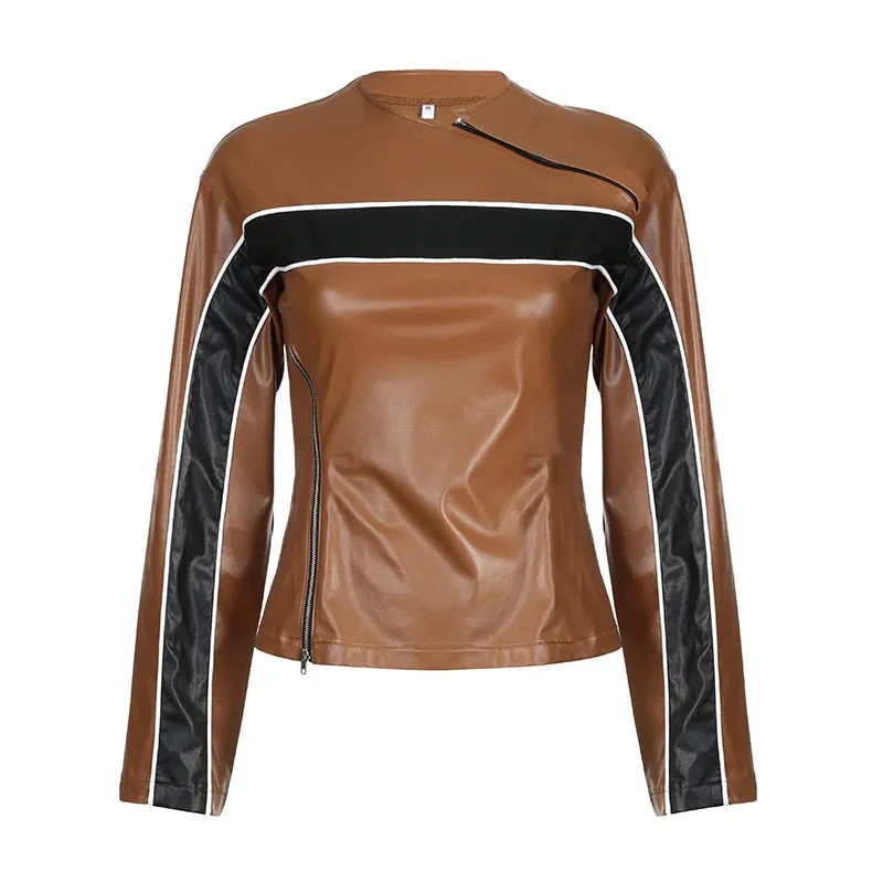 Brown Zipper Stripe Patchwork Leather Jacket