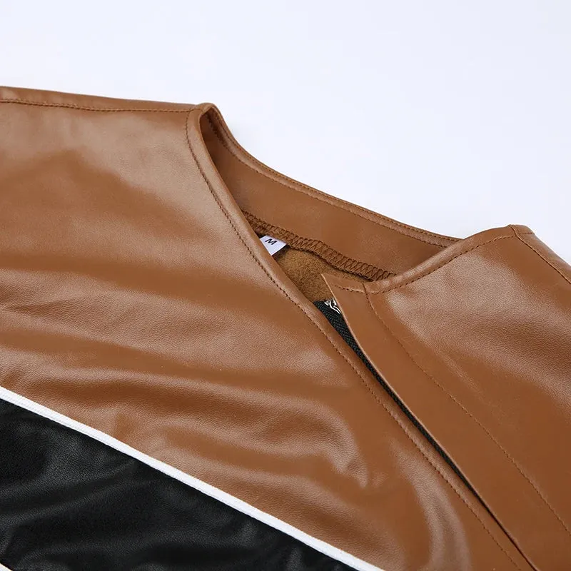 Brown Zipper Stripe Patchwork Leather Jacket