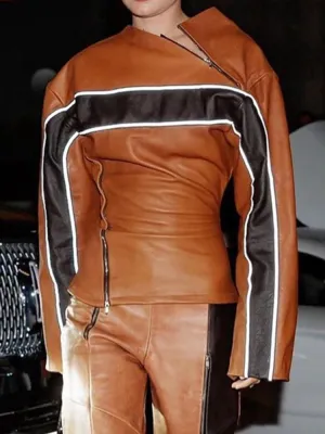 Brown Zipper Stripe Patchwork Leather Jacket