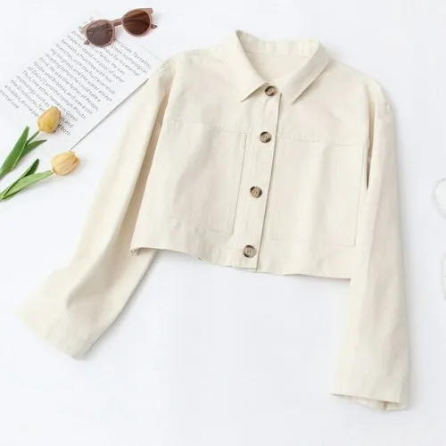 Casual Autumn Crop Jacket Shirt Single Breasted Vintage Long