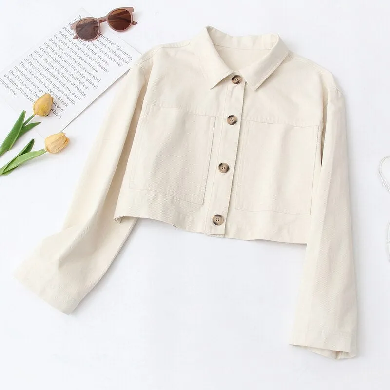 Casual Autumn Crop Jacket Shirt Single Breasted Vintage Long