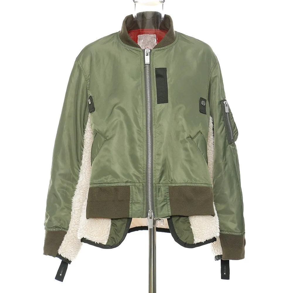 Casual Patchwork Woolen Stand Collar Loose Long Sleeve Zipper Coat