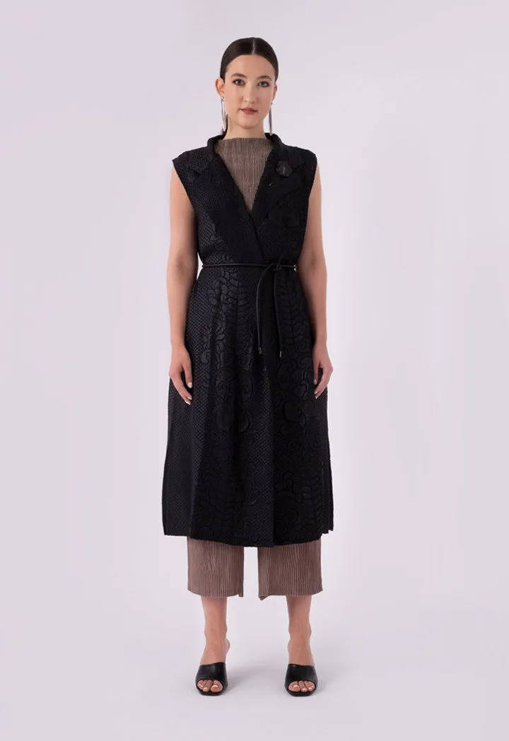 Choice Geometric Floral Pattern Pleated Notched Lapel Outerwear Black