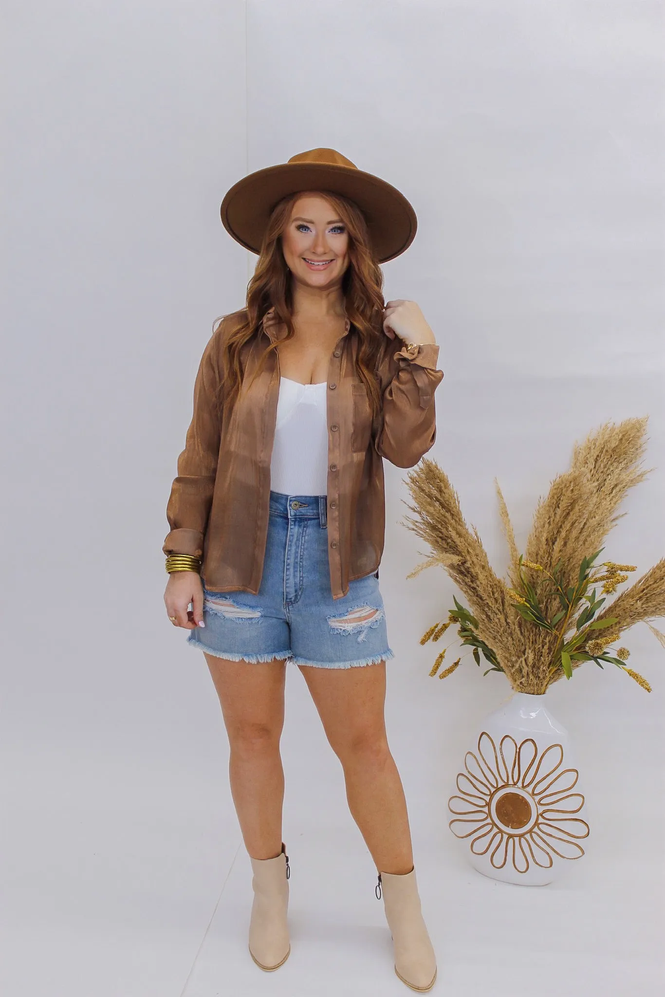 Cool Girl Novelty Button Up- Brown