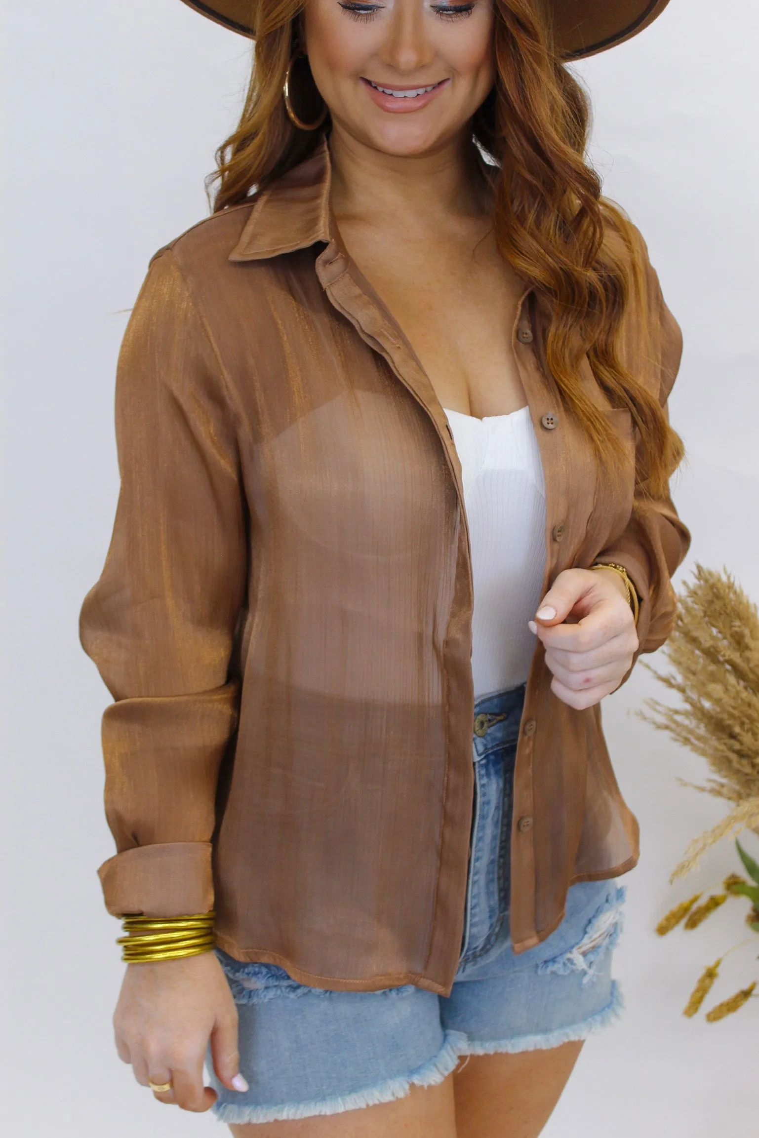 Cool Girl Novelty Button Up- Brown