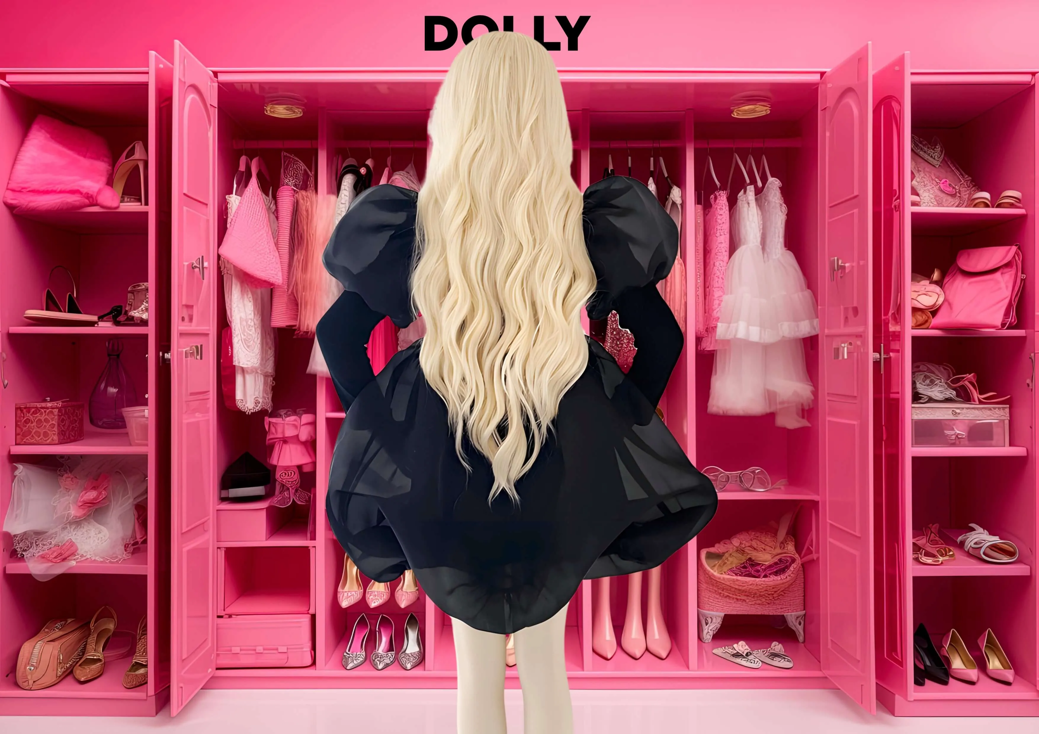 DOLLY WORLD PUFF LONG SLEEVE BALLOON ORGANZA DRESS WITH COTTON BODY black