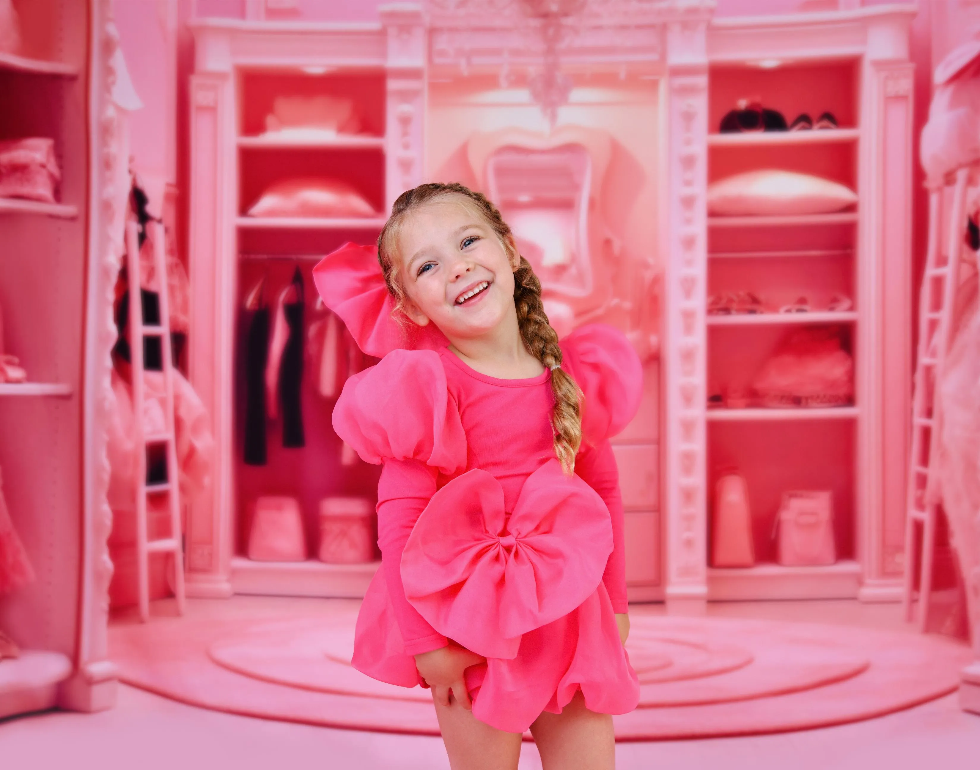 DOLLY WORLD PUFF LONG SLEEVE ORGANZA TOP WITH COTTON BODY barbiepink