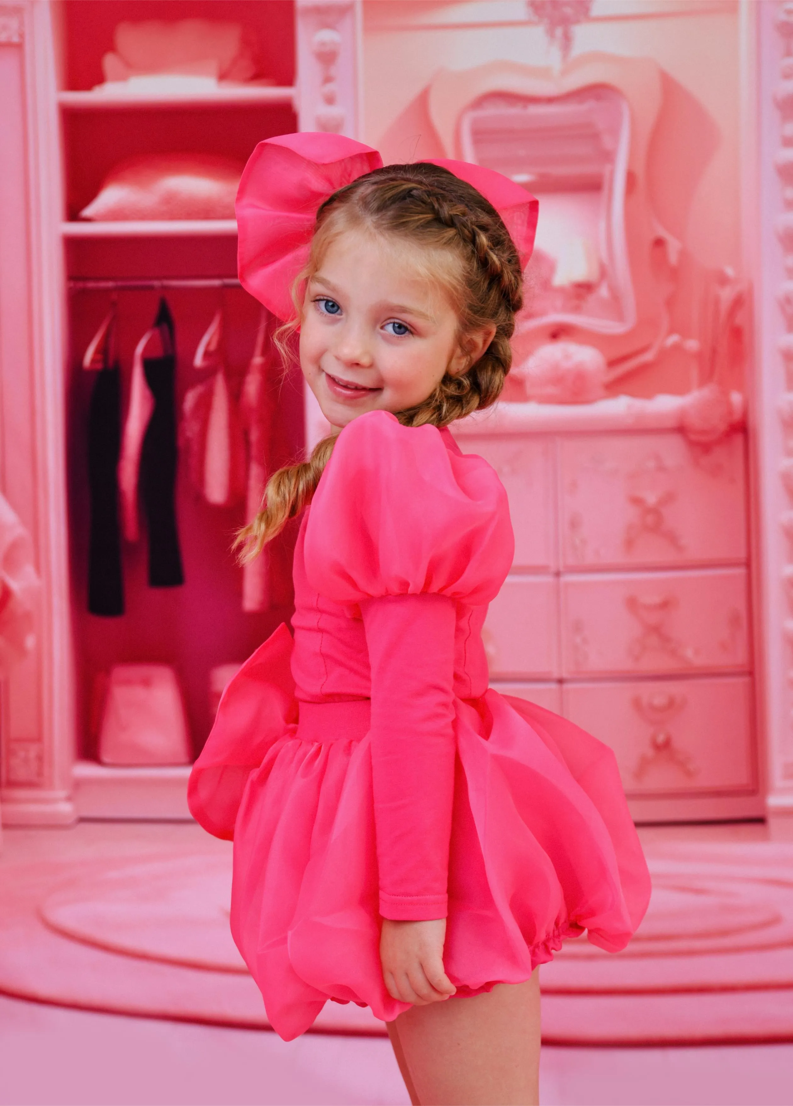 DOLLY WORLD PUFF LONG SLEEVE ORGANZA TOP WITH COTTON BODY barbiepink