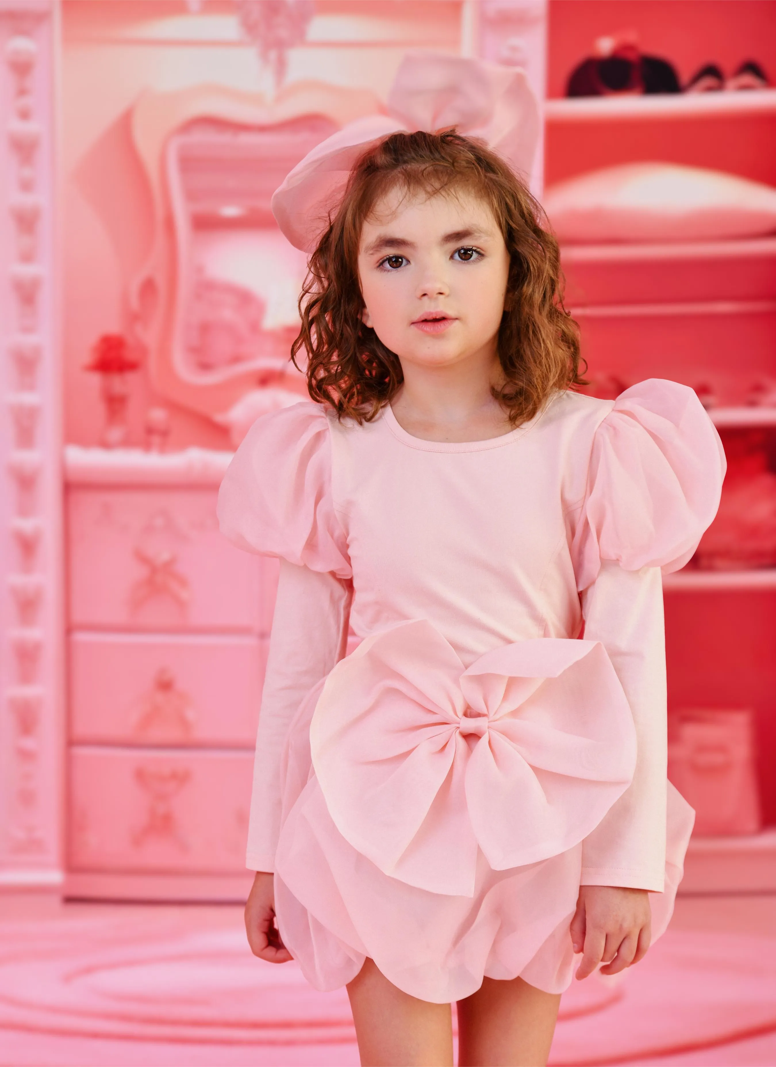 DOLLY WORLD PUFF LONG SLEEVE ORGANZA TOP WITH COTTON BODY dollypink