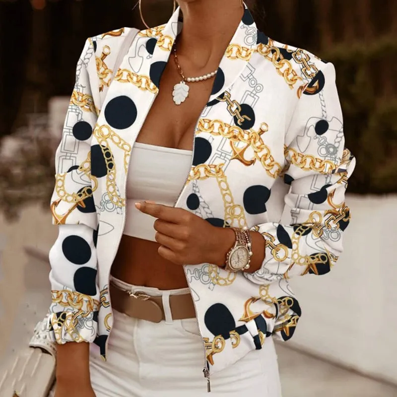 Fashionkova  Printed Bomber Biker Jackets Women's Spring Autumn Floral Casual Long Sleeve Pockets Streetwear Coat Female Zipper Slim Outwears