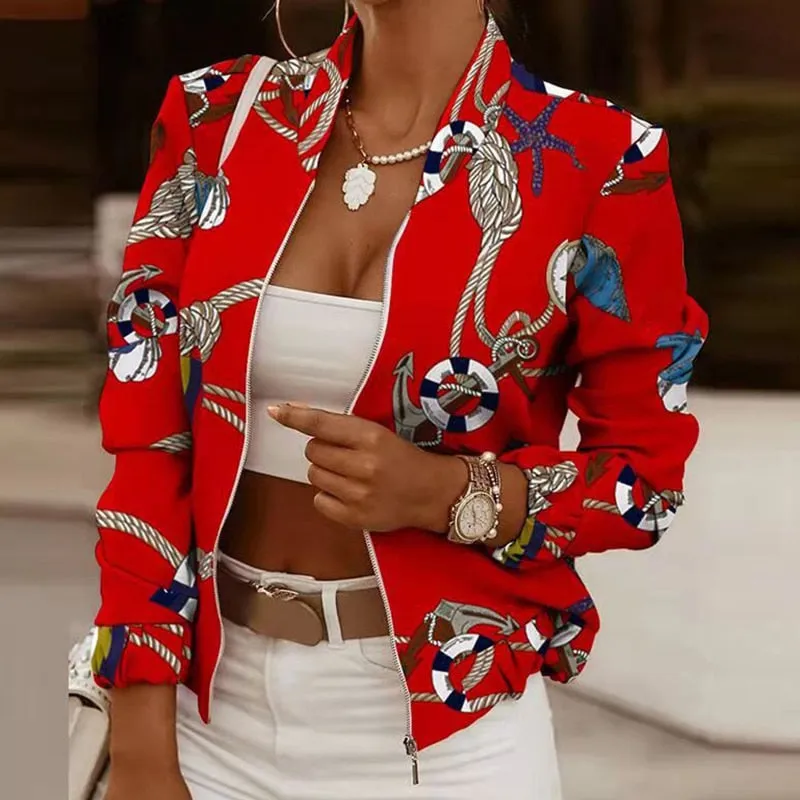 Fashionkova  Printed Bomber Biker Jackets Women's Spring Autumn Floral Casual Long Sleeve Pockets Streetwear Coat Female Zipper Slim Outwears