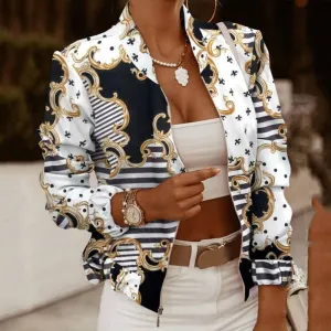 Fashionkova  Printed Bomber Biker Jackets Women's Spring Autumn Floral Casual Long Sleeve Pockets Streetwear Coat Female Zipper Slim Outwears