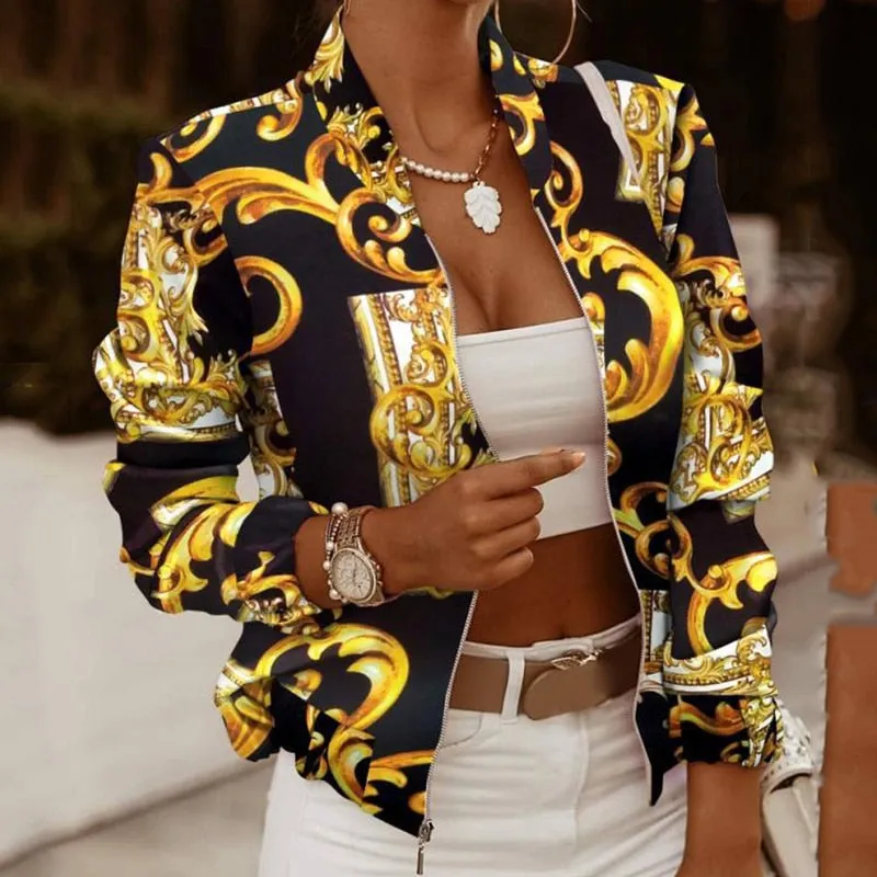 Fashionkova  Printed Bomber Biker Jackets Women's Spring Autumn Floral Casual Long Sleeve Pockets Streetwear Coat Female Zipper Slim Outwears