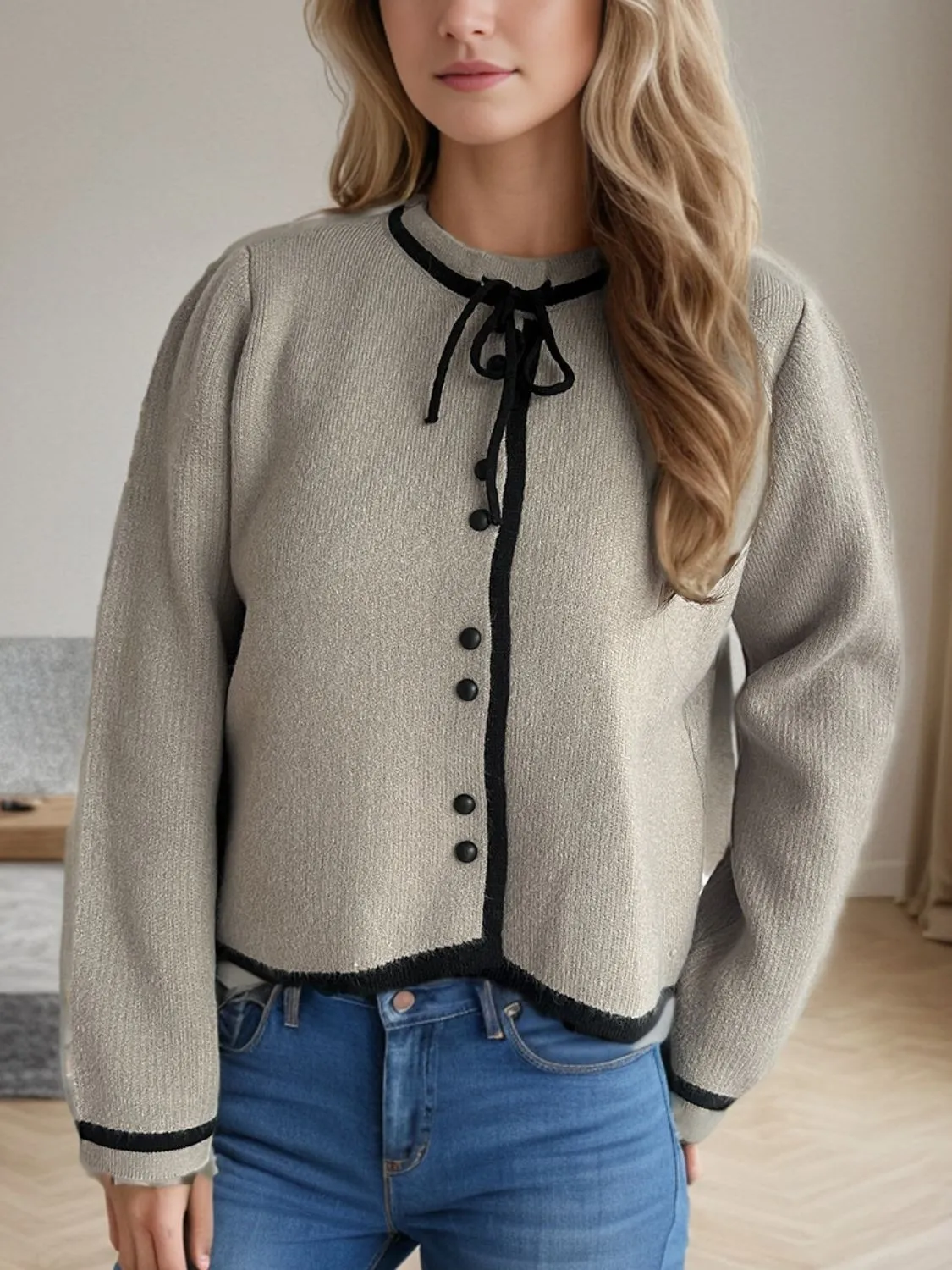 French Bow Detail Button Down Long Sleeve Cardigan