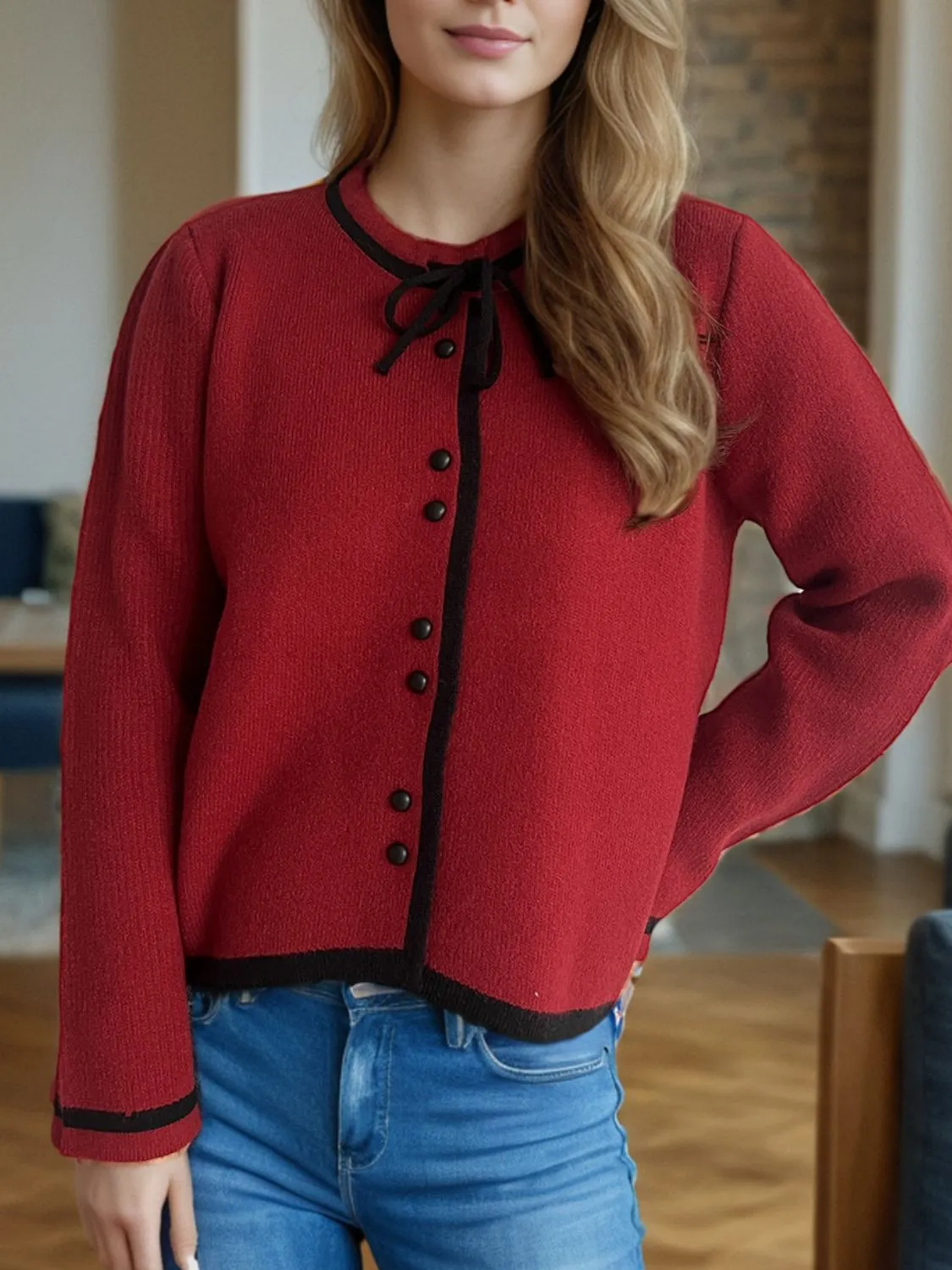 French Bow Detail Button Down Long Sleeve Cardigan